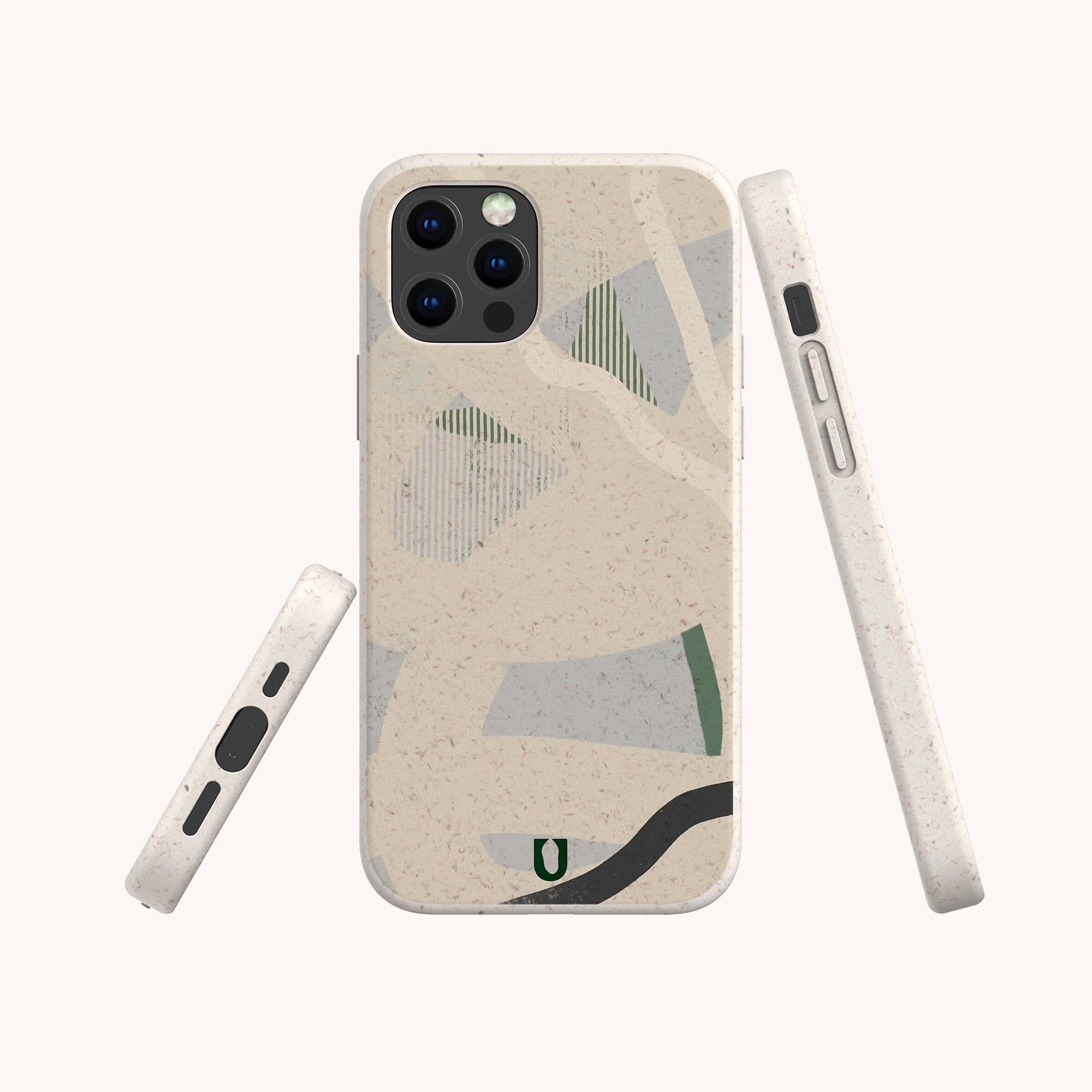 The Green Abstract Lines Eco-Friendly Phone Case features a beige, speckled texture with abstract green, black, and gray shapes. Shown from multiple angles on a light background, it fits both iPhone and Samsung Galaxy models.