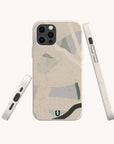 The Green Abstract Lines Eco-Friendly Phone Case features a beige, speckled texture with abstract green, black, and gray shapes. Shown from multiple angles on a light background, it fits both iPhone and Samsung Galaxy models.