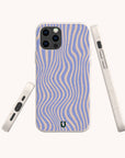 The Blue Distort Lines Eco-Friendly Phone Case features wavy blue and beige lines on the back, a small black logo at the bottom center, precise camera cutouts on the top left, and is compatible with both iPhone and Samsung models for versatile use. Multiple angles are shown to highlight its eco-friendly design.