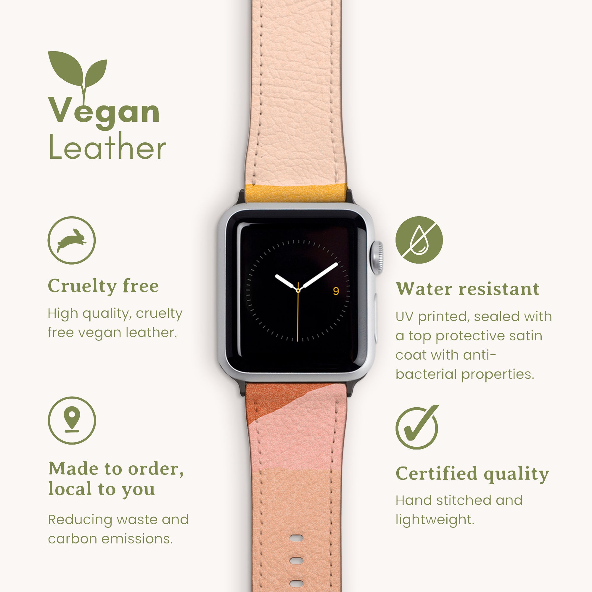 The Abstract Cut Out Vegan Leather Apple Watch Band, featuring a cruelty-free faux leather strap in a light pink and tan color scheme with an abstract cut-out design, is displayed. Text highlights features such as water resistance, local made-to-order craftsmanship, and certified quality.