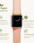The Abstract Cut Out Vegan Leather Apple Watch Band, featuring a cruelty-free faux leather strap in a light pink and tan color scheme with an abstract cut-out design, is displayed. Text highlights features such as water resistance, local made-to-order craftsmanship, and certified quality.