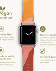 The Abstract Cut Out II Vegan Leather Apple Watch Band, showcased with an array of icons, emphasizes its key features: cruelty-free materials, water resistance, made-to-order production to minimize waste, and certified quality. It is the perfect choice for anyone looking for a stylish and eco-friendly accessory.