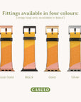 Four fashionable watch straps featuring geometric designs are available in Rose Gold, Black, Gold, and Silver fittings. The cruelty-free faux leather strap loop is exclusively offered in black. Experience the perfect blend of style and ethics with CASULO's Abstract Cut Out II Vegan Leather Apple Watch Band, prominently displayed at the bottom.