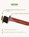 The Abstract Cut Out II Vegan Leather Apple Watch Band in brown is showcased diagonally, featuring a silver buckle and black connectors. Text highlights: "Quality engineered lugs, pins, and buckles. Quick release spring bars." It is compatible with all Apple Watch series, sizes 38-45mm. Brand name: Casulo.