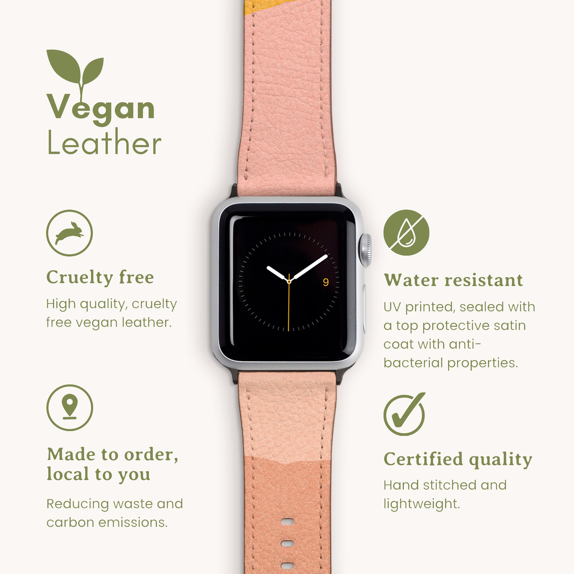 The Abstract Cut Out III Vegan Leather Apple Watch Band features a vibrant pink and orange strap. This water-resistant watch band emphasizes its cruelty-free material, offering eco-friendly elegance with made-to-order precision and certified quality.