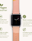 The Abstract Cut Out III Vegan Leather Apple Watch Band features a vibrant pink and orange strap. This water-resistant watch band emphasizes its cruelty-free material, offering eco-friendly elegance with made-to-order precision and certified quality.