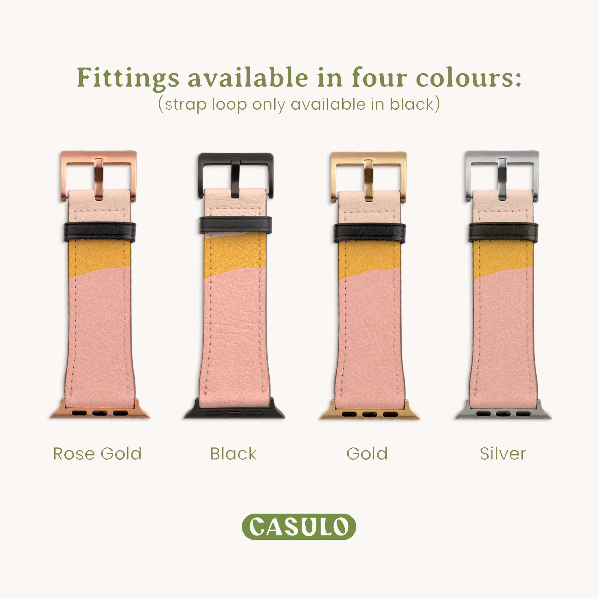 Displayed against a light backdrop, four cruelty-free Abstract Cut Out III Vegan Leather Apple Watch Bands with metallic fittings are shown in a variety of colors: Rose Gold, Black, Gold, and Silver. Below the bands is the brand name "CASULO." These bands seamlessly merge style with sustainability.