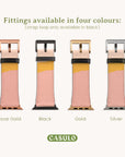 Displayed against a light backdrop, four cruelty-free Abstract Cut Out III Vegan Leather Apple Watch Bands with metallic fittings are shown in a variety of colors: Rose Gold, Black, Gold, and Silver. Below the bands is the brand name "CASULO." These bands seamlessly merge style with sustainability.