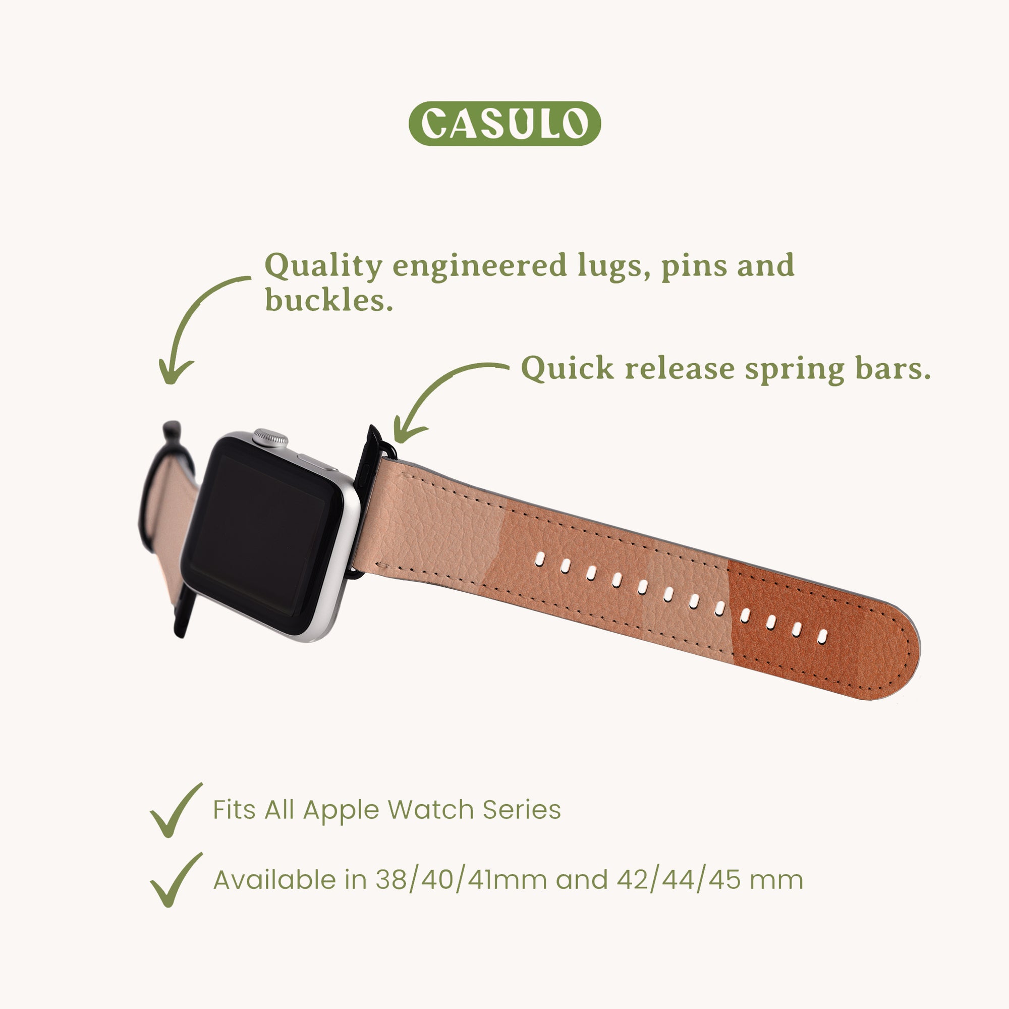The Abstract Cut Out III Vegan Leather Apple Watch Band in brown provides a sustainable flair with its quick-release spring bars and expertly designed lugs, pins, and buckles. Set against a light background, it underscores its compatibility with various watch sizes while offering a cruelty-free fashion statement.