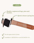 The Abstract Cut Out III Vegan Leather Apple Watch Band in brown provides a sustainable flair with its quick-release spring bars and expertly designed lugs, pins, and buckles. Set against a light background, it underscores its compatibility with various watch sizes while offering a cruelty-free fashion statement.