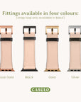 Image showcasing the Valleys Vegan Leather Apple Watch Bands in Rose Gold, Black, Gold, and Silver. Each band has a light beige strap, perfect for an eco-conscious lifestyle. Text reads: "Fittings available in four colors (strap loop only in black)." "CASULO" logo at the bottom.