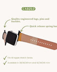 The Valleys Vegan Leather Apple Watch Band is eco-conscious and sustainable, offering quality lugs, pins, buckles, and quick-release spring bars. It's available in 38/40/41 mm and 42/44/45 mm sizes with the brand name "CASULO" elegantly displayed above.