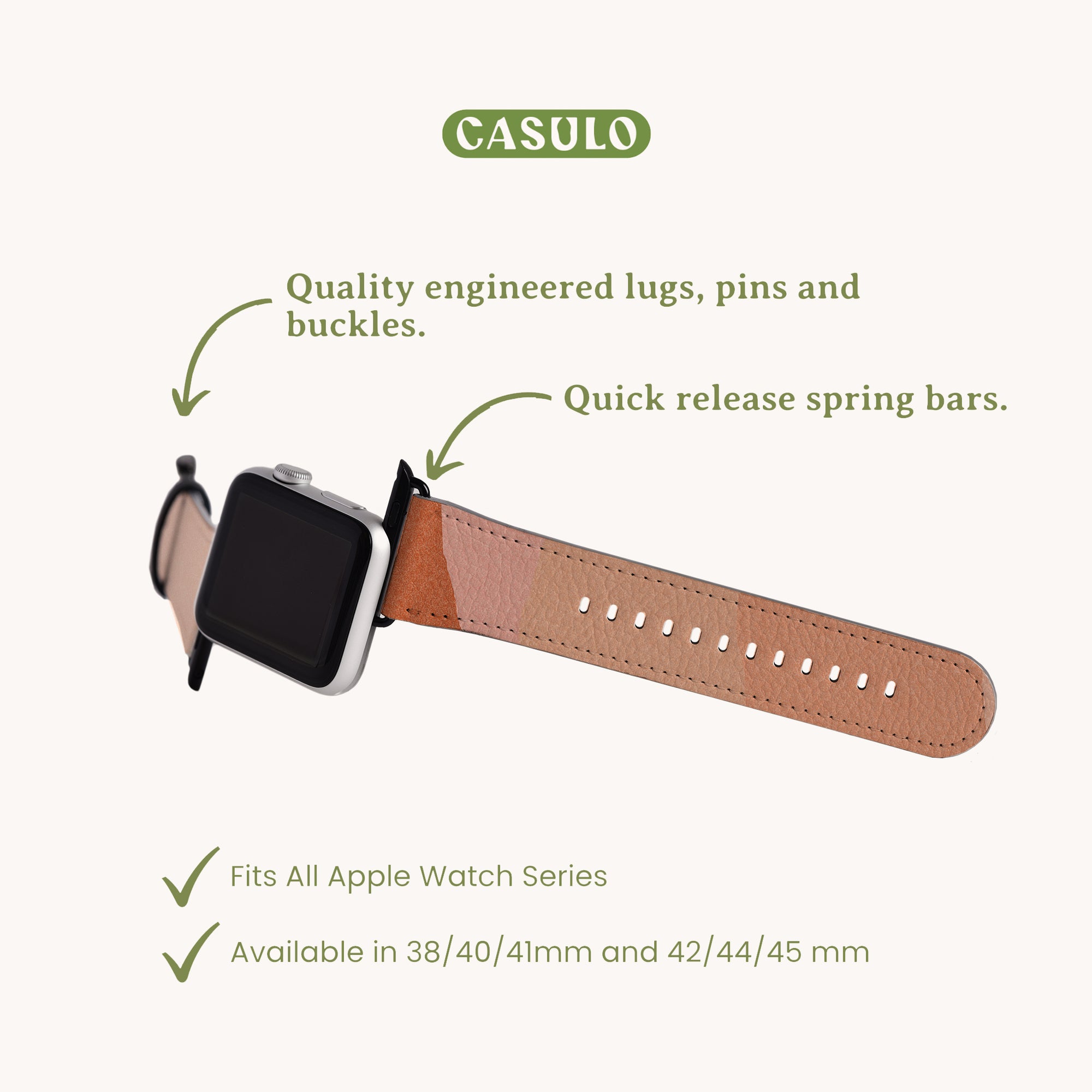 Side view of a smartwatch with an Abstract Cut Out Vegan Leather strap. Text reads: "CASULO. Quality engineered lugs, pins, and buckles. Quick release spring bars. Fits All Apple Watch Series. Available in 38/40/41mm and 42/44/45 mm.