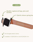 Side view of a smartwatch with an Abstract Cut Out Vegan Leather strap. Text reads: "CASULO. Quality engineered lugs, pins, and buckles. Quick release spring bars. Fits All Apple Watch Series. Available in 38/40/41mm and 42/44/45 mm.