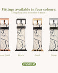 The image showcases a row of four abstract-design Black Swirl Lines Vegan Leather Apple Watch Bands. The fittings are available in Rose Gold, Black, Gold, and Silver, while the strap loop remains exclusively black. Made with eco-friendly materials, these watch bands embody CASULO's dedication to sustainability.