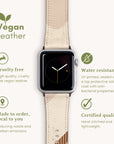 A Beige Abstract Lines Vegan Leather Apple Watch Band is showcased, emphasizing its cruelty-free material, water resistance, custom-made design to minimize waste, and certified quality. Each feature is accompanied by illustrative icons.