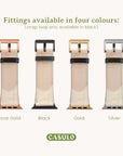 The image features four Vegan Leather Apple Watch Bands in beautiful shades: Rose Gold, Black, Gold, and Silver. The text "Fittings available in four colours: (strap loop only available in black)" is displayed above. These elegant straps are made from cruelty-free materials. Underneath is the brand logo "CASULO." One of the designs showcased is the Beige Abstract Lines Vegan Leather Apple Watch Band.