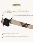A Beige Abstract Lines Vegan Leather Apple Watch Band adorned with a tan and black striped design. It includes high-quality engineered lugs, pins, buckles, and quick-release spring bars. This cruelty-free band is compatible with all Apple Watch series in 38/40/41mm and 42/44/45mm sizes.