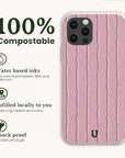 Blush Wave Stripe Eco-Friendly Biodegradable Phone Case with pink and white wavy stripes, shown next to text highlighting its 100% compostable materials, water-based inks, local fulfillment, and shockproof protection.
