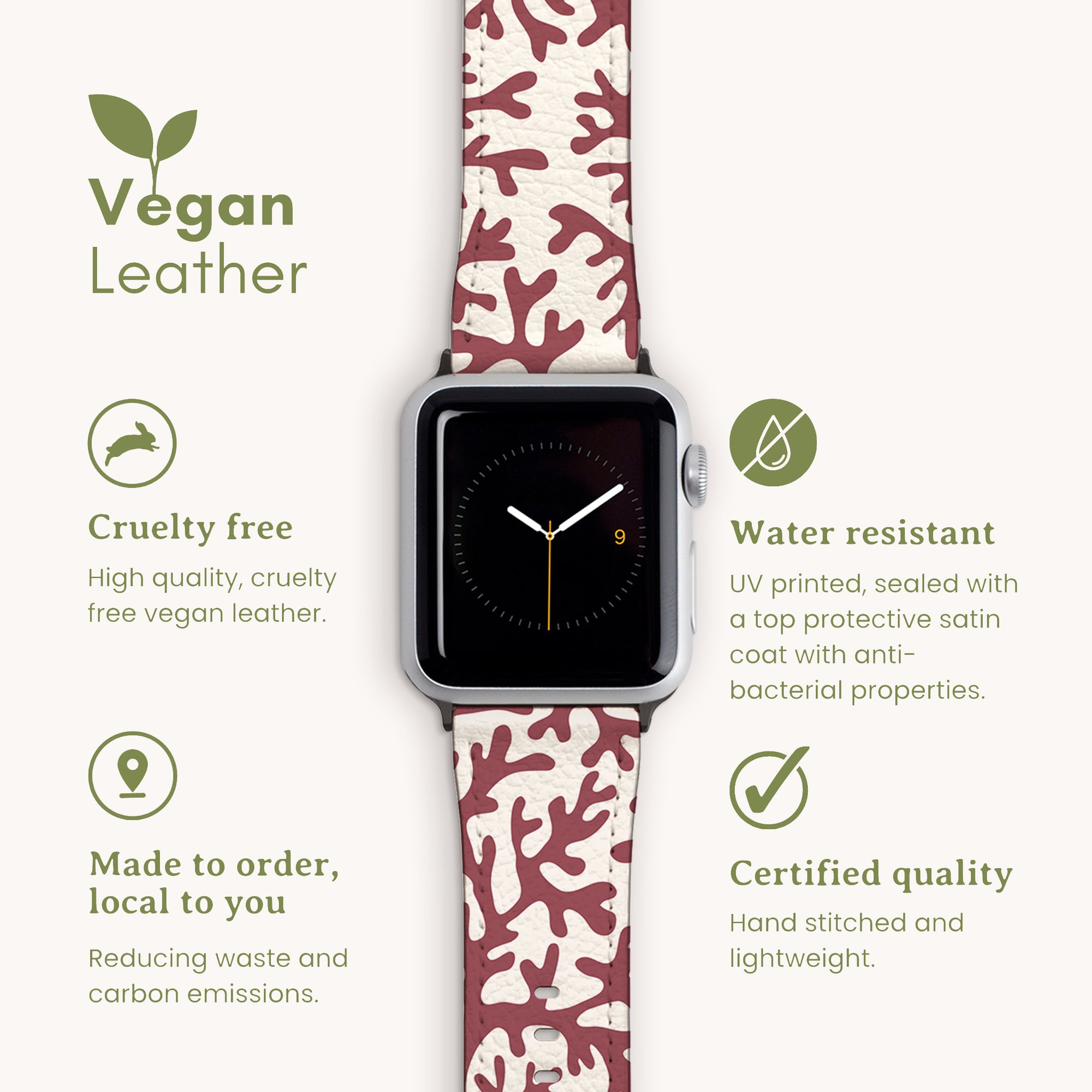 Introducing the Brown Coral Vegan Leather Apple Watch Band: an eco-friendly accessory with a coral-patterned strap. This cruelty-free, water-resistant design is made-to-order to ensure certified quality and utilizes an Apple Watch band to help reduce waste and carbon emissions.