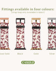 The image features four watch straps characterized by coral-like patterns in red and white, crafted from eco-friendly vegan leather. The strap fittings are available in rose gold, black, gold, and silver finishes, and they are compatible with Apple Watches. Please note that the strap loop is exclusively available in black. The brand "CASULO" is prominently displayed below the products.
