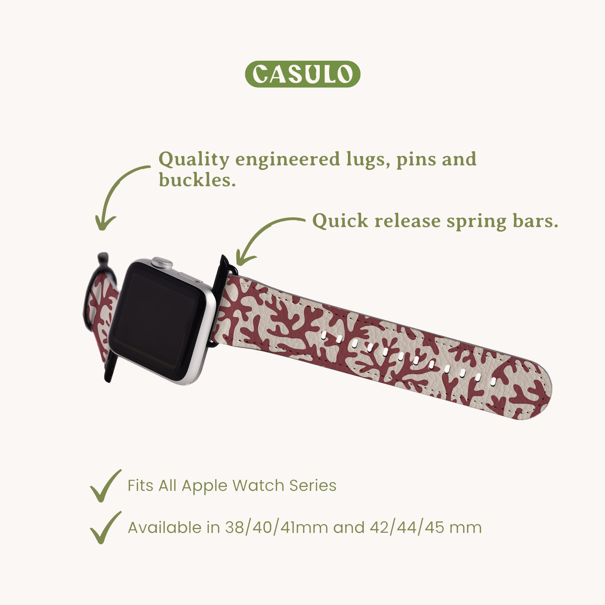 A Brown Coral Vegan Leather Apple Watch Band with a red and white patterned strap is showcased. It has an eco-friendly band designed with quality-engineered lugs, pins, buckles, and quick release spring bars. This watch band is compatible with the Apple Watch series in both 38/40/41mm and 42/44/45mm sizes.