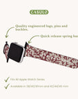 A Brown Coral Vegan Leather Apple Watch Band with a red and white patterned strap is showcased. It has an eco-friendly band designed with quality-engineered lugs, pins, buckles, and quick release spring bars. This watch band is compatible with the Apple Watch series in both 38/40/41mm and 42/44/45mm sizes.