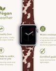 Introducing the Brown Cow Vegan Leather Apple Watch Band, featuring a cow-print design that embodies rustic charm. This sustainable and cruelty-free accessory is water-resistant and crafted to order, minimizing emissions. Made from high-quality, anti-bacterial material, the band is hand-stitched and lightweight, ensuring certified excellence.