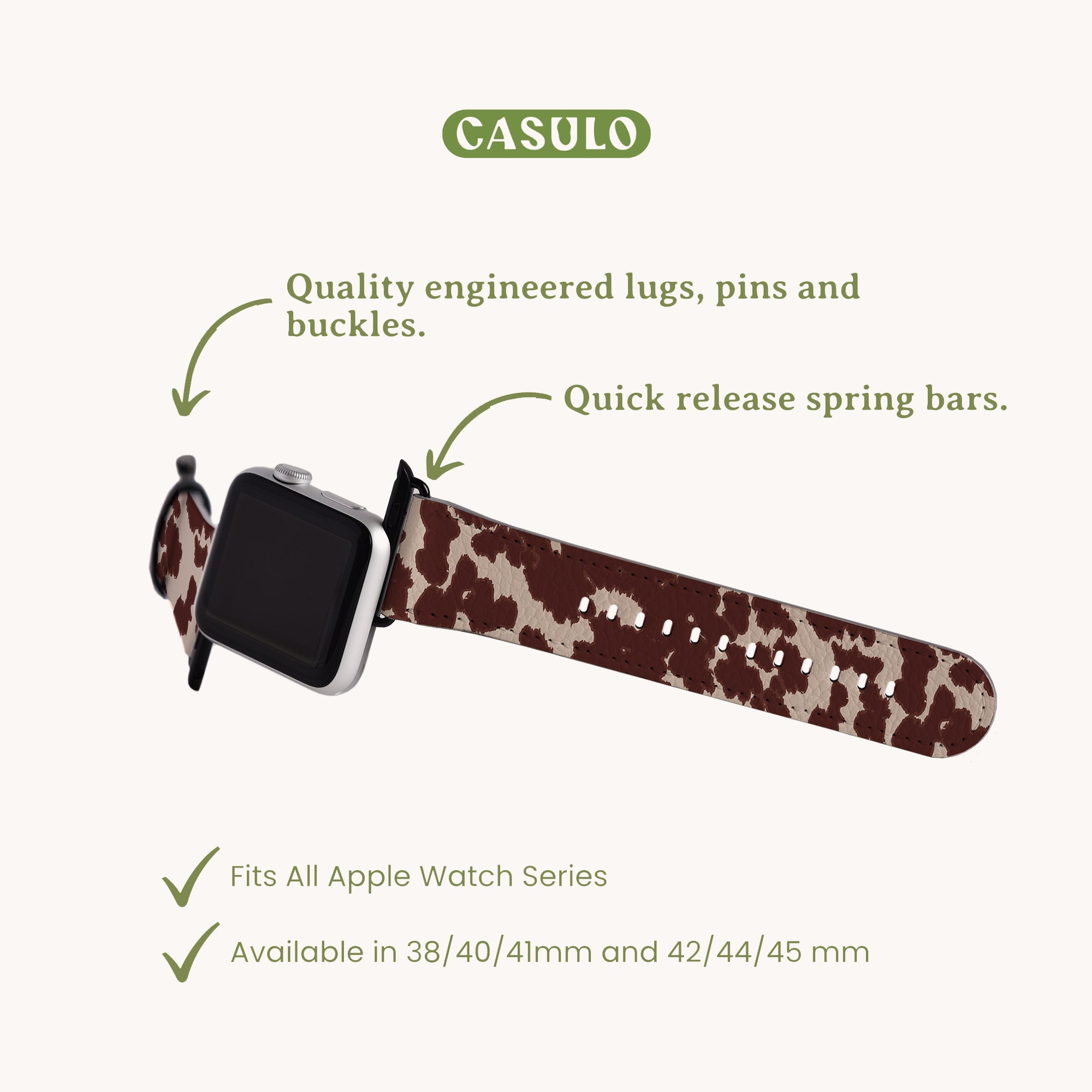 The Brown Cow Vegan Leather Apple Watch Band is showcased, featuring a brown and white cow-print design on vegan leather. It boasts high-quality engineered lugs, pins, buckles, and quick-release spring bars. This eco-friendly accessory is compatible with all Apple Watch Series in sizes 38/40/41mm and 42/44/45mm.