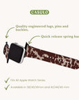 The Brown Cow Vegan Leather Apple Watch Band is showcased, featuring a brown and white cow-print design on vegan leather. It boasts high-quality engineered lugs, pins, buckles, and quick-release spring bars. This eco-friendly accessory is compatible with all Apple Watch Series in sizes 38/40/41mm and 42/44/45mm.