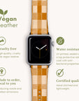 Introducing the Brown Watercolour Checker Vegan Leather Apple Watch Band, a made-to-order, cruelty-free accessory featuring a brown checker design. This water-resistant band is certified for quality and offers UV protection and antibacterial properties. Designed to reduce waste, it serves as the perfect upgrade for your Apple Watch.