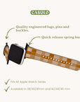 The Brown Watercolour Checker Vegan Leather Apple Watch Band is showcased, featuring a plaid pattern reminiscent of brown watercolor checker. The text highlights "quality engineered lugs, pins, and buckles" as well as "quick release spring bars." It is compatible with 38/40/41mm and 42/44/45mm sizes, with the brand name "CASULO" prominently displayed.