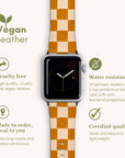 The Terracotta Checker Vegan Leather Apple Watch Band features a cruelty-free, water-resistant, handmade design. This strap is locally made to reduce carbon emissions, ensuring certified quality and sustainability.