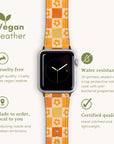 Brown Flower Check Apple Watch Band with a cruelty-free, water-resistant vegan leather strap. Made to order from eco-conscious materials and certified for quality. Icons highlighting each feature in green text on a light background.