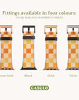 Four watch straps featuring checkered patterns, including the Orange Checker design, are showcased. The fittings come in Rose Gold, Black, Gold, and Silver. Please note that the strap loop is available only in black. Made from vegan leather for your Apple Watch Band by CASULO.