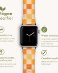 Introducing the Orange Checker Vegan Leather Apple Watch Band: a cruelty-free, water-resistant, and made-to-order accessory that boasts certified quality. Highlighted with green icons, it’s crafted to reduce waste and offer antibacterial properties—ideal for adding a vibrant touch to your smartwatch.
