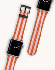 Displayed are two smartwatches featuring Brown and Pink Stripes Vegan Leather Apple Watch Bands with quick-release bars. One of the watch faces displays a simple analog clock against a black background with a gold second hand, all set against a light background.
