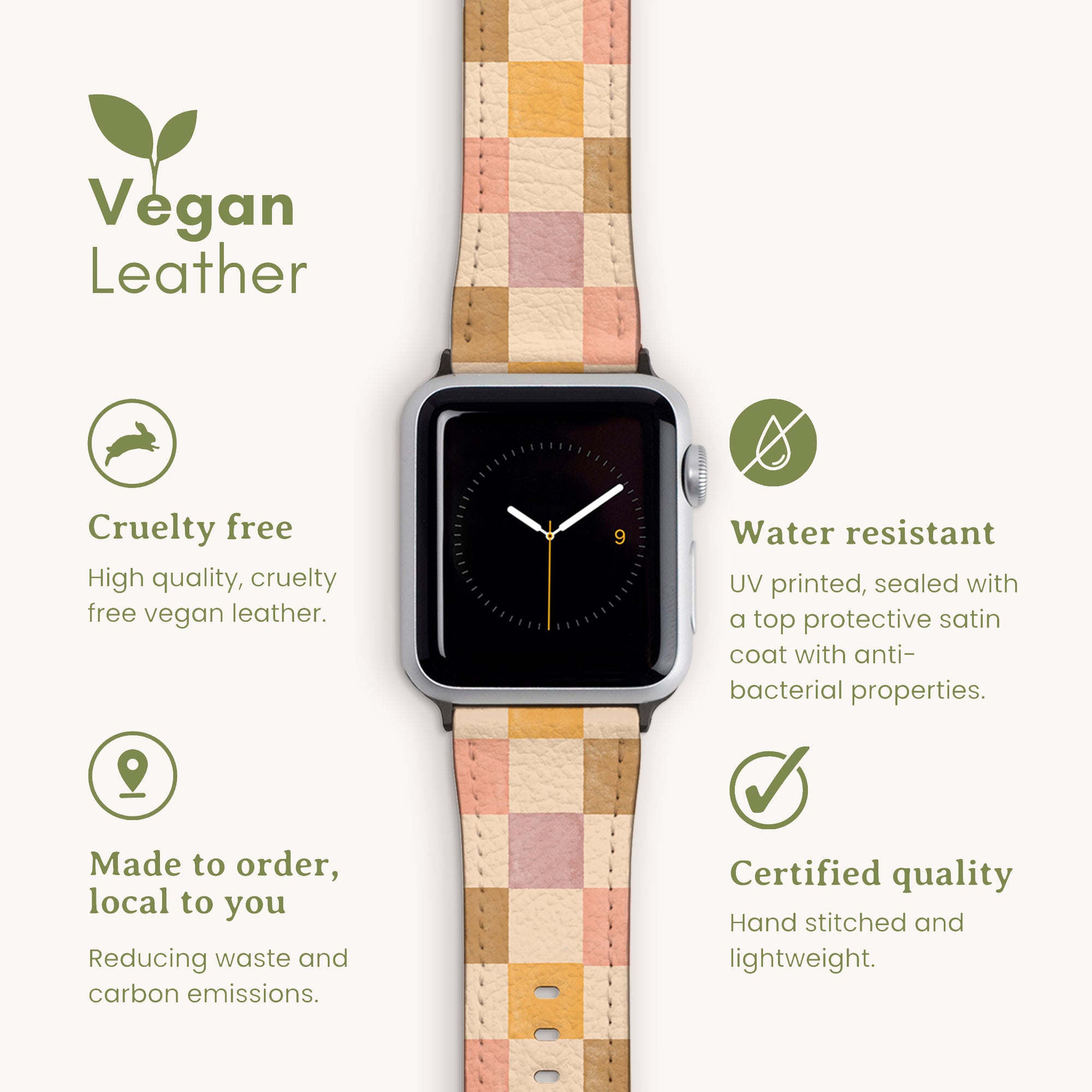 Explore the Brown and Purple Checker Vegan Leather Apple Watch Band, a smartwatch accessory crafted from plaid vegan leather. Highlighting labels such as cruelty-free and water-resistant, each band is made to order, showcasing certified quality and sustainable craftsmanship through UV printing and meticulous hand stitching.