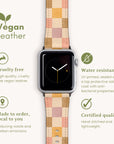 Explore the Brown and Purple Checker Vegan Leather Apple Watch Band, a smartwatch accessory crafted from plaid vegan leather. Highlighting labels such as cruelty-free and water-resistant, each band is made to order, showcasing certified quality and sustainable craftsmanship through UV printing and meticulous hand stitching.