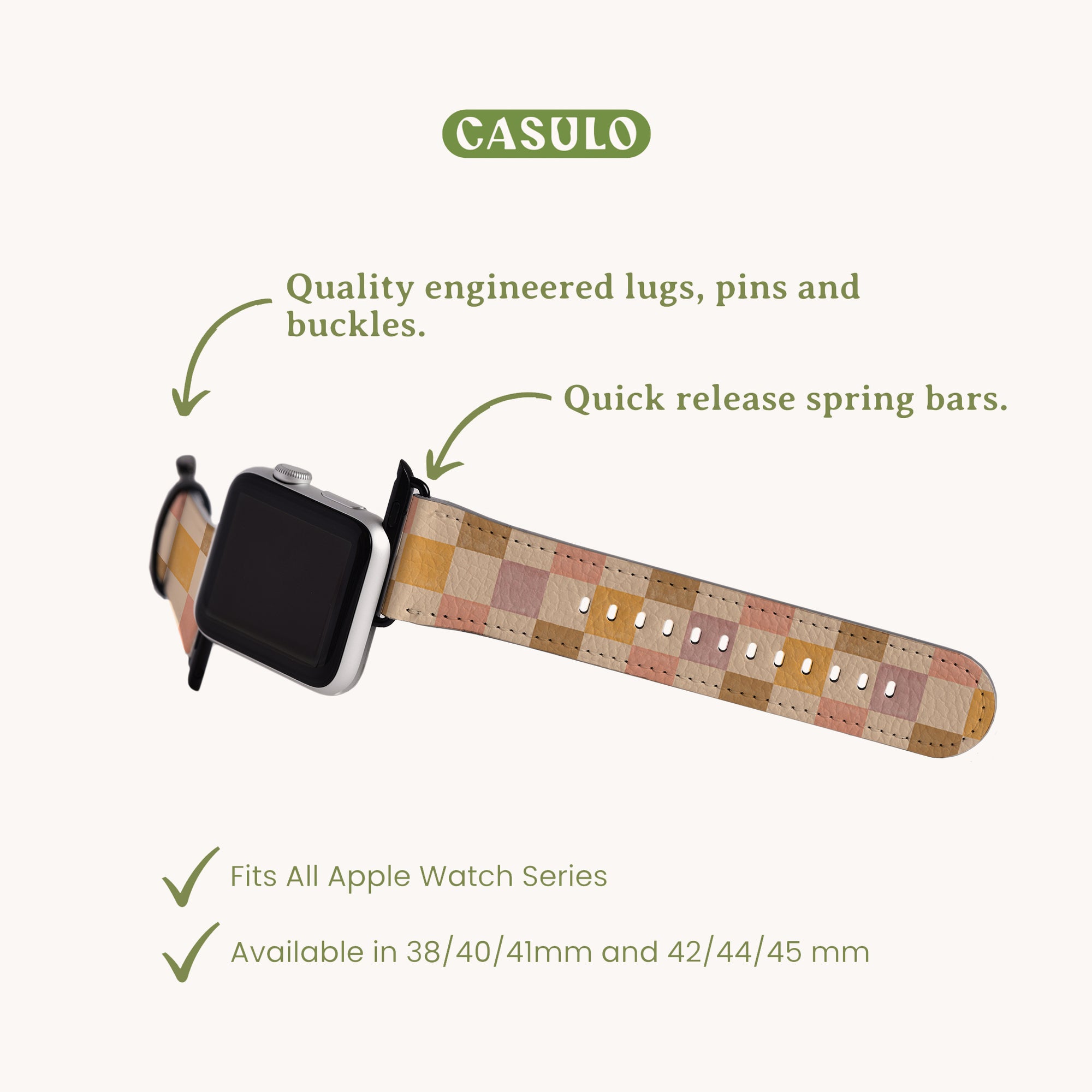 The Brown and Purple Checker Vegan Leather Apple Watch Band, crafted with sustainable craftsmanship, showcases quality engineered lugs, pins, buckles, and quick release spring bars. It is available in 38/40/41mm and 42/44/45mm sizes against a light beige background.