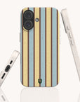 Butter and Sky Stripe Eco-Friendly Biodegradable Phone Case shown from back and side angles with yellow and blue vertical stripes.