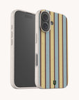 Butter and Sky Stripe Eco-Friendly Biodegradable Phone Case with a yellow, blue, and brown vertical striped pattern and a speckled, off-white frame.
