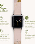 The Caramel Abstract Strokes Vegan Leather Apple Watch Band is showcased, featuring a beige vegan leather strap. The product is highlighted for its cruelty-free, water-resistant, and certified quality attributes. This hand-stitched, lightweight band is made-to-order and crafted from eco-friendly materials.