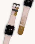 The image displays two Caramel Abstract Strokes Vegan Leather Apple Watch Bands with square screens. One watch is lying flat to highlight the face, while the other shows off the textured underside of the strap. Both wristbands are made from eco-friendly materials and have contrasting stitch details.