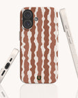 Three views of a speckled, off-white Cocoa Wave Stripe Eco-Friendly Biodegradable Phone Case featuring a brown vertical wavy stripe pattern.