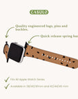 The Geo Shapes in Brown Vegan Leather Apple Watch Band is showcased, featuring a geometric pattern and emphasizing its high-quality engineered lugs, pins, and buckles. The text highlights the quick release spring bars, along with its compatibility with all Apple Watch Series in sizes 38/40/41mm and 42/44/45 mm.