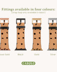 Four Geo Shapes Apple Watch bands lined up, crafted from brown vegan leather and adorned with geometric designs. The fittings are available in rose gold, black, gold, and silver colors. Text above states, "Fittings available in four colors: (strap loop only available in black)." Logo: CASULO. Compatible with Apple Watch bands.