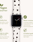 Discover the sophistication of a smartwatch with the "Geo Shapes in White Vegan Leather Apple Watch Band," featuring eye-catching black geometric patterns. This customizable, cruelty-free, and water-resistant strap upholds certified quality standards. Eco-friendly elements such as leaf and recycle icons highlight its sustainable design.