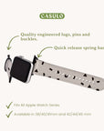 Introducing the Geo Shapes in White Vegan Leather Apple Watch Band, featuring a geometric patterned beige design. The text highlights its quality engineered lugs, pins, buckles, and quick release spring bars. It fits all Apple Watch series and is available in sizes 38/40/41mm and 42/44/45mm under the brand name "Casulo.