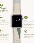 The Green Abstract Lines Vegan Leather Apple Watch Band features a beige and green strap with an abstract design. This cruelty-free, water-resistant piece is crafted locally to order, boasting icons for cruelty-free production, water resistance, local craftsmanship, and certified quality—perfect as an ideal watch band for your Apple Watch.
